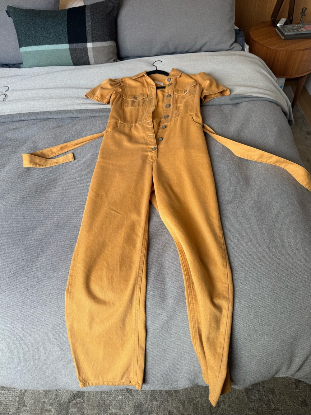 Boyish Mustard Short-Sleeve Button Jumpsuit with Self-Tie Waist